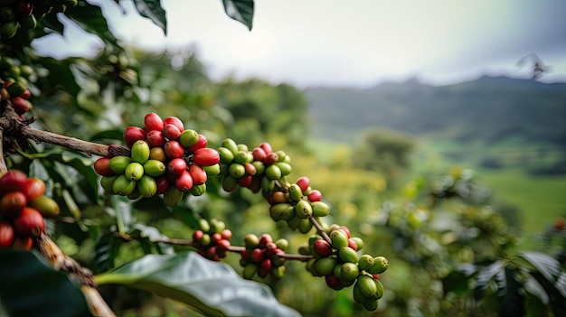 Kaffeebaum mit roten Kaffeebohnen auf Kaffeeplantage Generative KI