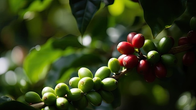 Kaffeebaum mit roten Kaffeebohnen auf Kaffeeplantage Generative KI