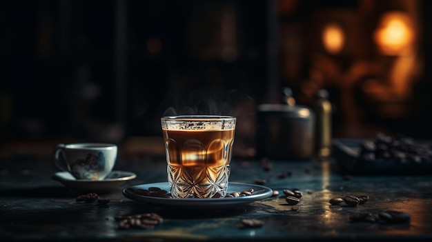 Foto kaffeebecher auf dem tisch eines cafés innenraum mit verschwommenem hintergrund