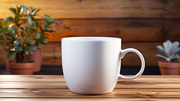 Kaffeebecher auf einem Holztisch im Büro, Stillleben