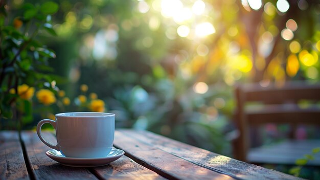 Kaffeebecher auf einem Holztisch in einem Café mit Sonnenlicht