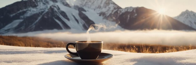 Foto kaffeebecher auf einem holztisch und blick auf die wunderschöne natur im hintergrund