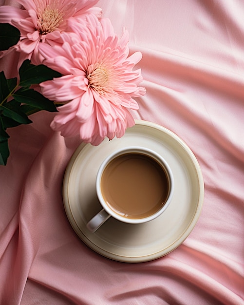 Kaffeebecher in der Nähe einer rosa Blume
