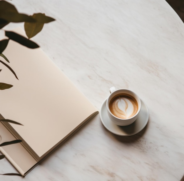Kaffeebecher mit Buch auf einem Holztisch