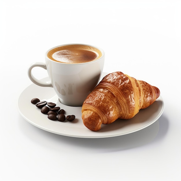Foto kaffeebecher mit croissant, isoliert auf weißem hintergrund
