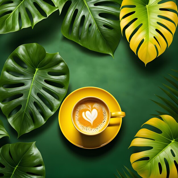 Foto kaffeebecher mit kaffeebohnen und monstera-blättern auf grünem hintergrund