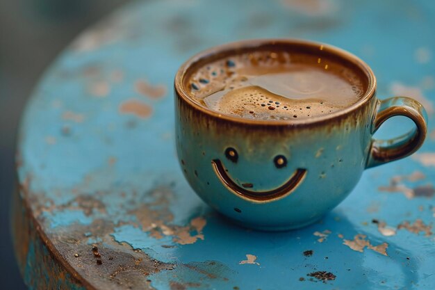 Foto kaffeebecher mit lächelndem gesicht auf einem rostigen blauen tisch