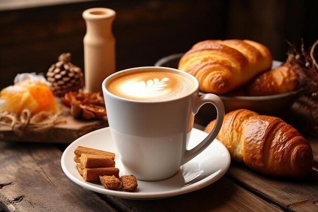 Kaffeebecher mit verschiedenen Bäckereien auf einem Holztisch