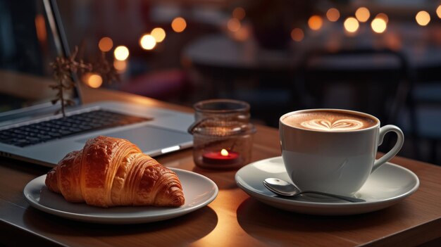 Kaffeebecher und Croissant