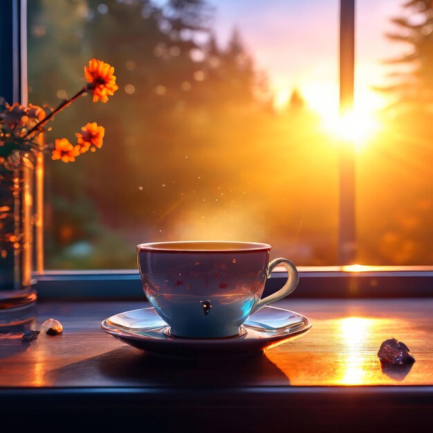Foto kaffeebecher und kaffee auf einem holztisch mit sonnenuntergang als hintergrund kaffeebecher und kaffeeberg auf einem holztafel