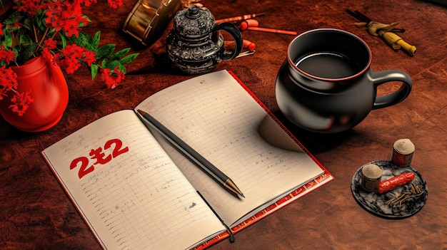Kaffeebecher und Notizblock mit Stift Zusammensetzung Top View generierte KI