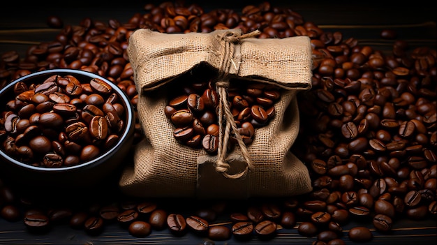 Kaffeebeutel eingewickelt in Kaffeebohnen Generative Ai