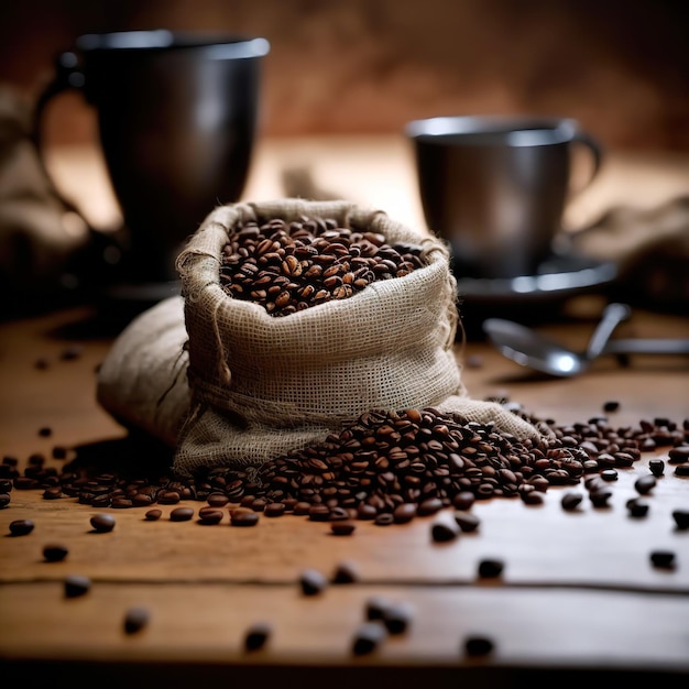 Kaffeebohnen auf einem schönen rustikalen Sackleinentisch