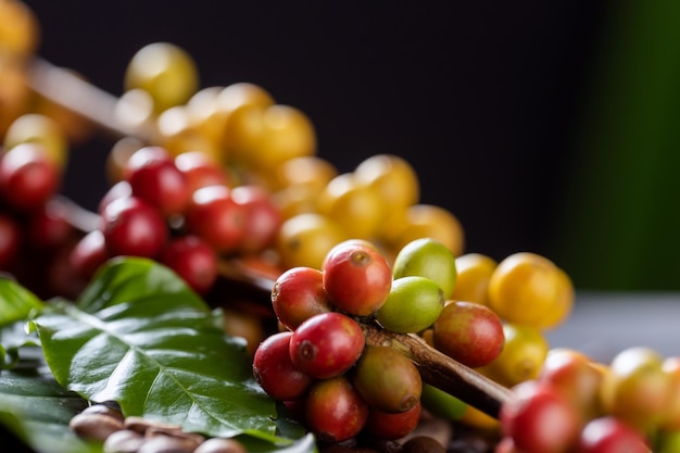 Kaffeebohnen auf Kaffee grüne Blätter auf hölzernen Hintergrund Frische Kaffeebohnen auf hölzernen Hintergrund