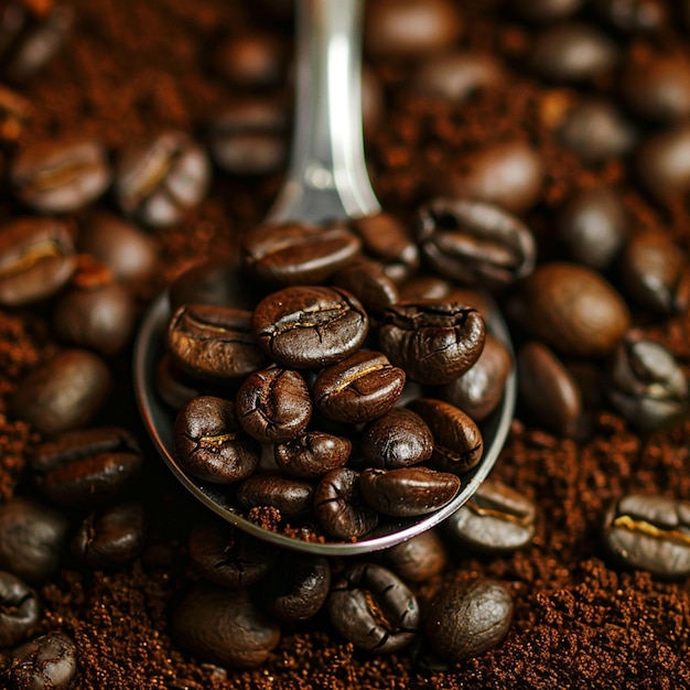 Kaffeebohnen auf Löffel auf gemahlenem Kaffee1