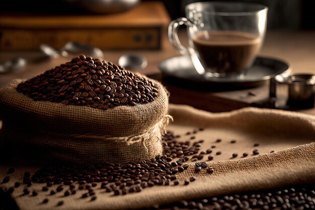 Foto kaffeebohnen auf sackleinen nahaufnahme verschwommener kaffeehaushintergrund generative ki