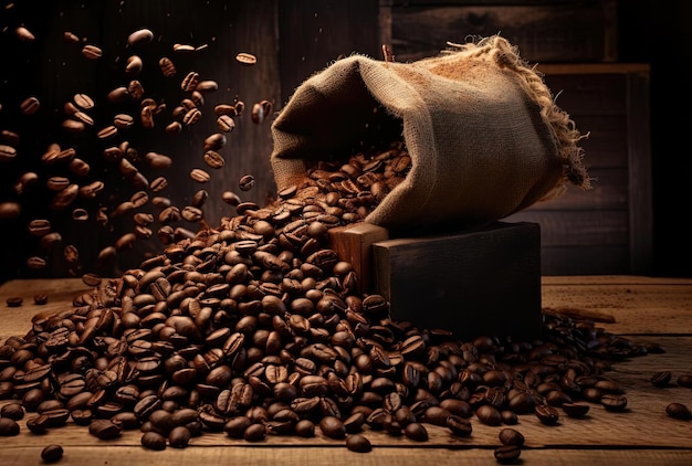 Kaffeebohnen fallen aus einem Sack im Stil der Restaurierung und Wiederverwendung