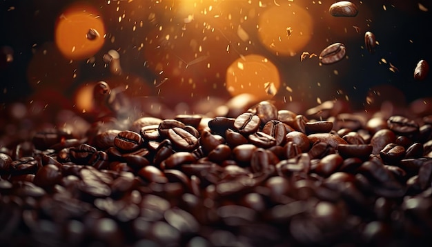 Kaffeebohnen fallen mit Bokeh-Hintergrund in die Luft