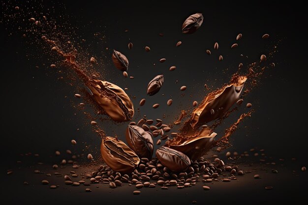 Kaffeebohnen fallen nahe dunklem Hintergrund mit Kopierraum