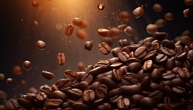 Kaffeebohnen fliegen in der Luft auf einem dunklen Hintergrund