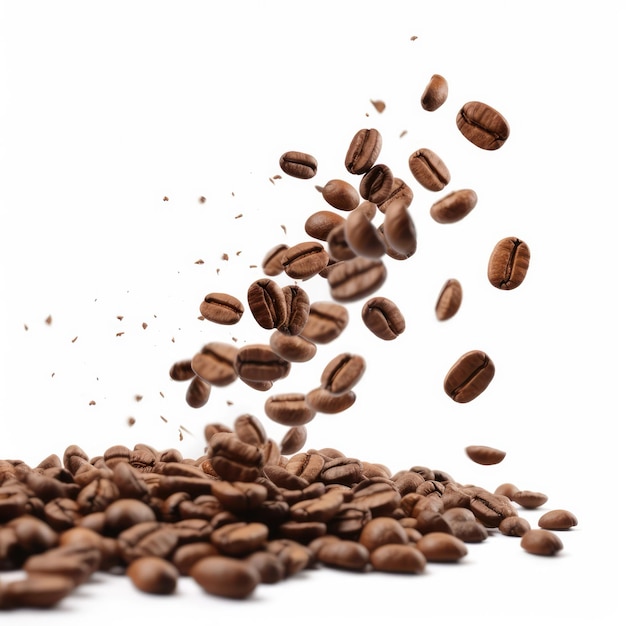 Kaffeebohnen fliegen mit isolierten weißen Hintergrund fließenden Bohnen