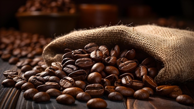 Kaffeebohnen im Beutel auf dem Tisch auf dunklem Hintergrund