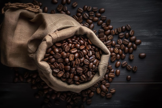 Kaffeebohnen im Leinensack auf dunklem Holzhintergrund Generative KI