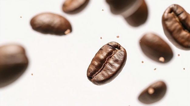 Kaffeebohnen in der Luft in naher Nähe, isoliert auf weißem Hintergrund Generative KI