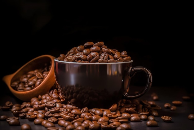 Kaffeebohnen in einer Tasse und Untertasse auf schwarzem Hintergrund Generative KI