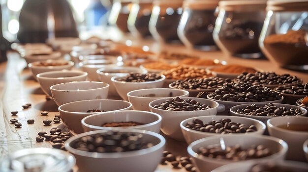 Kaffeebohnen in weißen keramischen Schüsseln auf einem Holztisch Kaffeeböhnen in verschiedenen Verarbeitungsstadien Kaffeebönen Röstprozess