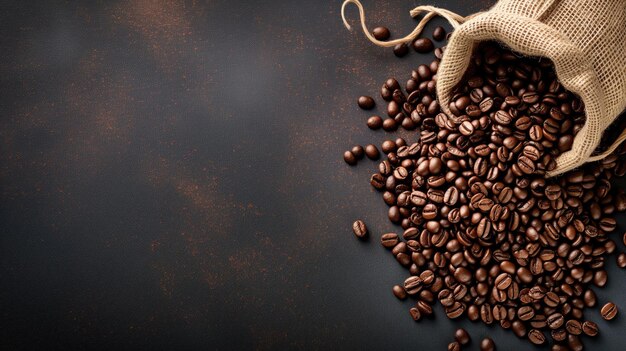 Kaffeebohnen laufen aus einem Jutesack auf einer dunklen Oberfläche