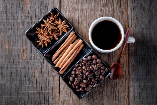 Kaffeebohnen mit Zimt Eine Mischung aus beliebten Getränken.