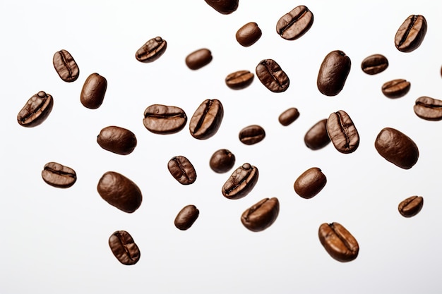 Kaffeebohnen schweben auf weißem Hintergrund
