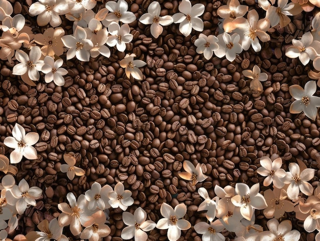 Foto kaffeebohnen und blumen kombinieren von kaffeeböhnen mit blumigen elementen für ein frisches und lebendiges aussehen