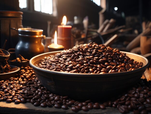 Kaffeebohnen und eine Tasse Kaffee, der traditionell geröstet und frisch gepflückt wurde