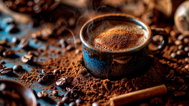 Kaffeebohnen und eine Tasse Kaffee Selektive Fokussierung