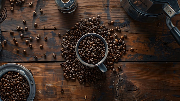 Foto kaffeebohnen und kaffeebohnen auf einem holztisch