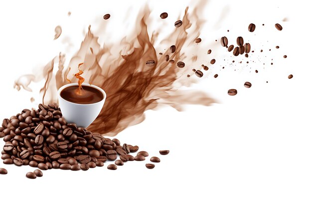 Kaffeebohnen und Kaffeebohnen spritzen auf einem durchsichtigen Hintergrund