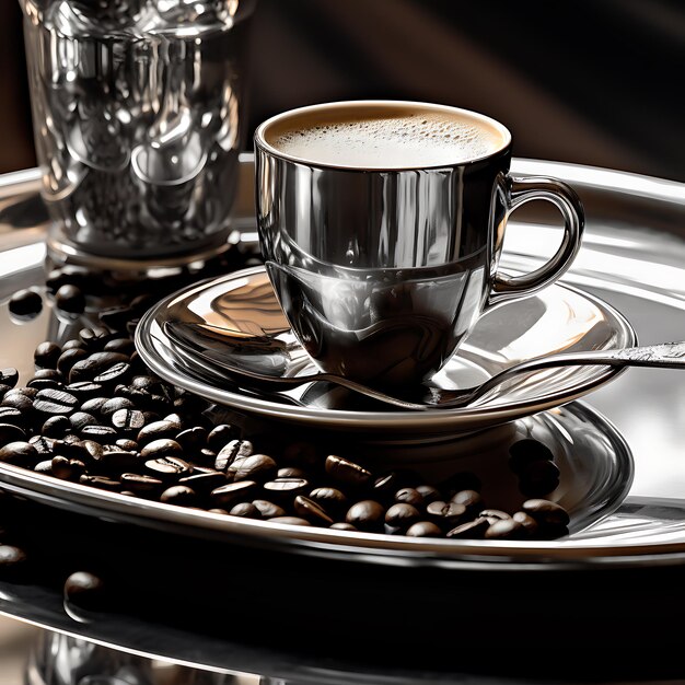 Foto kaffeebohnen und kaffeetasse in gemütlicher harmonie