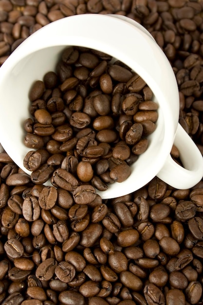 Kaffeebohnen werden aus einer weißen Tasse verstreut