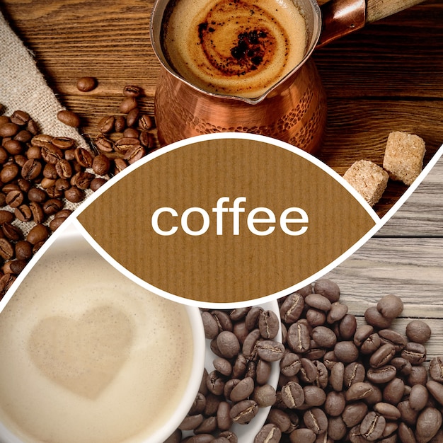 Kaffeecollage mit Kaffeetürke, Bohnen und Cappuccino