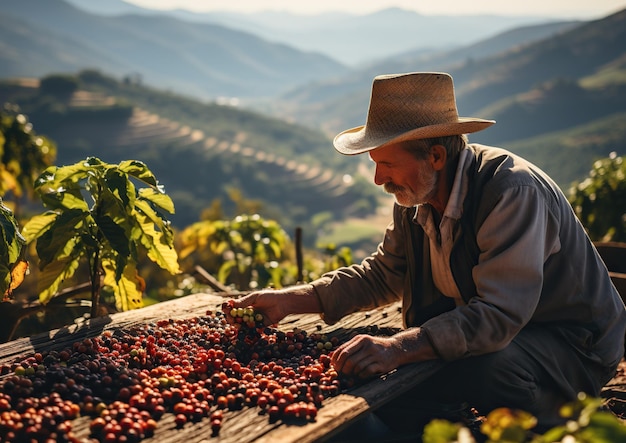 Kaffeeernte in den Höhen Ein Mann pflückt Kaffeebohnen in großer Höhe Generativ A