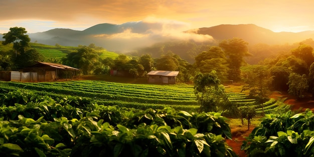 Kaffeefarm bei Sonnenaufgang mit Kaffeepflanzen, die in goldenes Licht getaucht sind