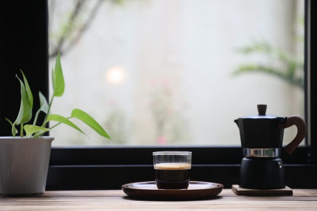 Kaffeeglasbecher und schwarzer Moka-Topf vor dem Fenster