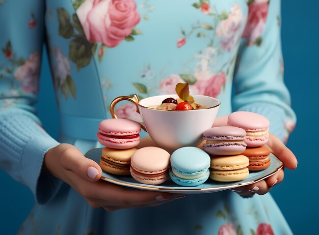 Kaffeeglück Der entzückende Moment einer Dame mit einer Tasse Kaffee und Macarons