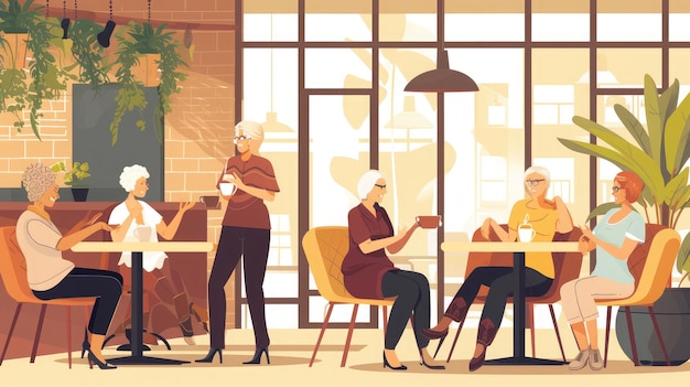 Kaffeehaus lustig und ältere Frauen reden lachen und haben Freunde Wiedervereinigung Ruhestand Chat oder soziale Gruppe Restaurant Tee und ältere Menschen in glücklicher Konversation für Pension oder Café Café