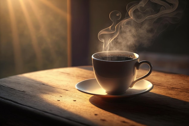 Kaffeehintergrund mit Kopienraum friedlicher Momentkonzept Draufsicht auf eine Tasse heißen Kaffee