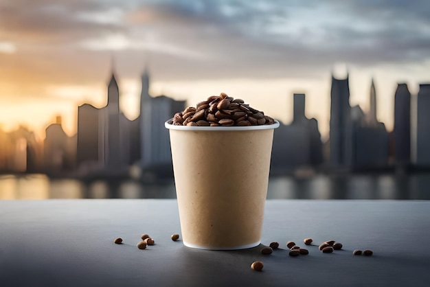 Kaffeekörner und Rohrzuckerstücke in einem Zero-Waste-Pappbecher auf grauem Hintergrund