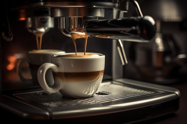 Kaffeemaschine mit Tasse Cappuccino, Nahaufnahme der Kaffeetasse AI
