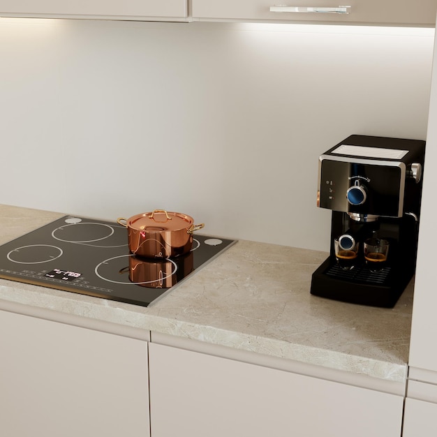 Kaffeemaschine und Induktionsfläche in einem modernen Kücheninterieur 3D-Rendering